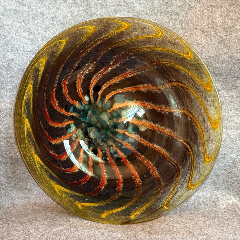 Contemporary Piece Of Art Glass Featuring A Swirling Design Brown, Blue & Red